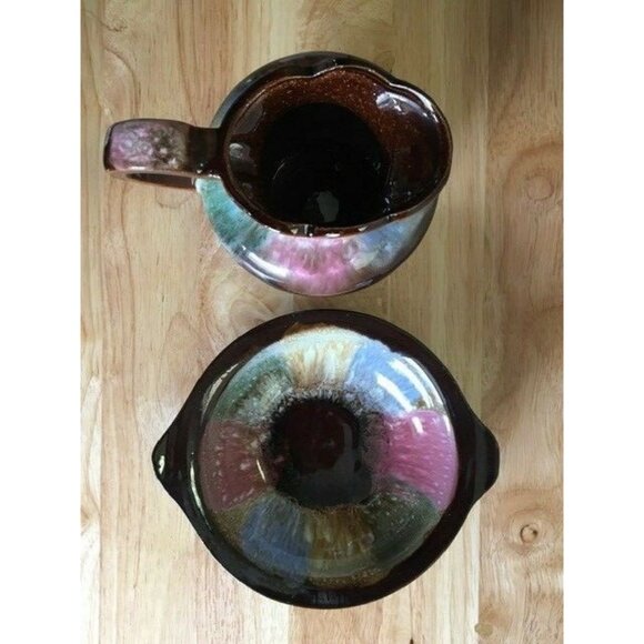 4 Piece Set Ceramic Drip Glaze Pottery 2 Pitchers & 2 Plates 4.5" x 4" Japan VTG - Picture 9 of 11